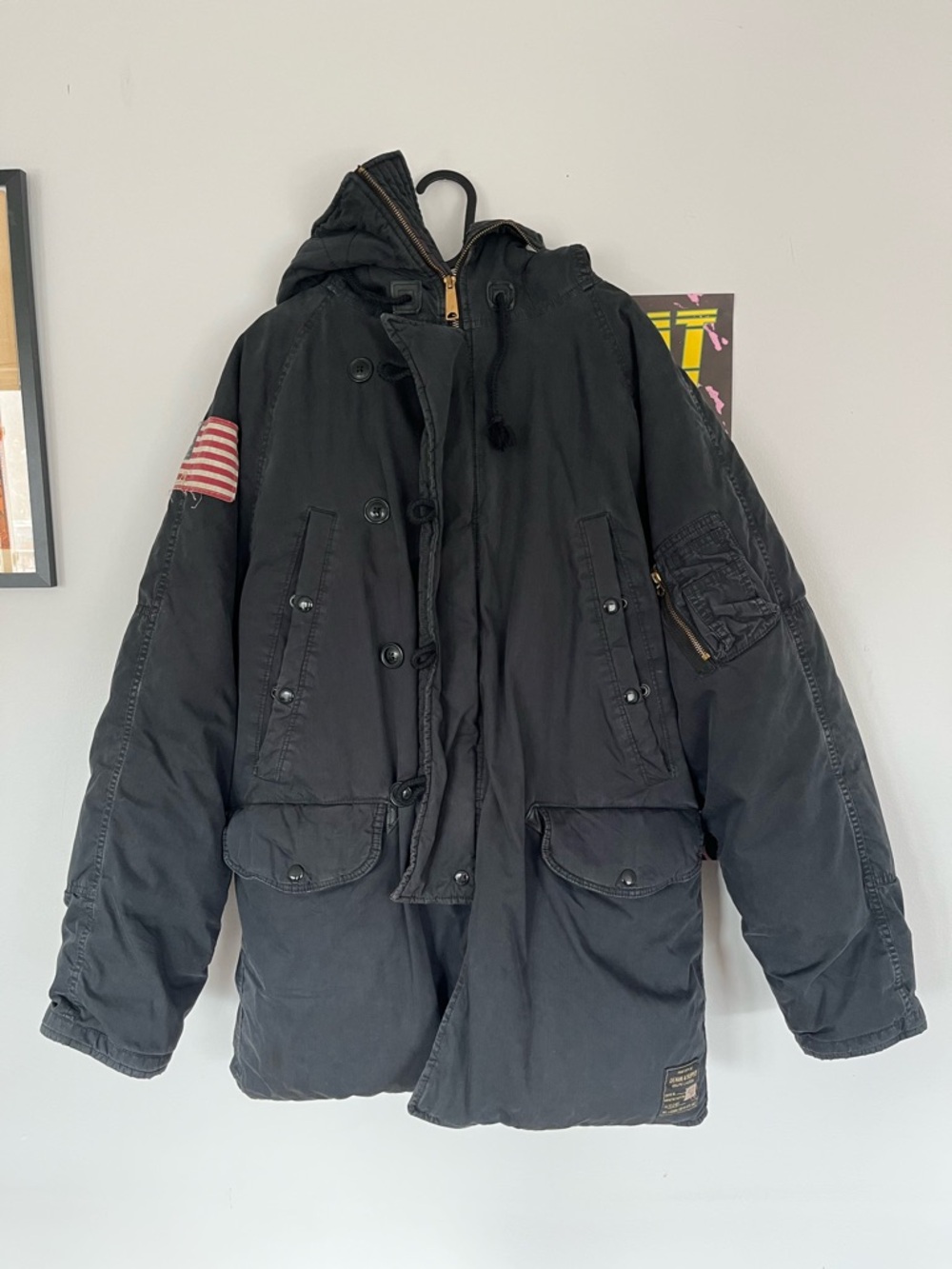 Denim & Supply Ralph Lauren Black Hooded Field Jacket with Sleeve Patch
